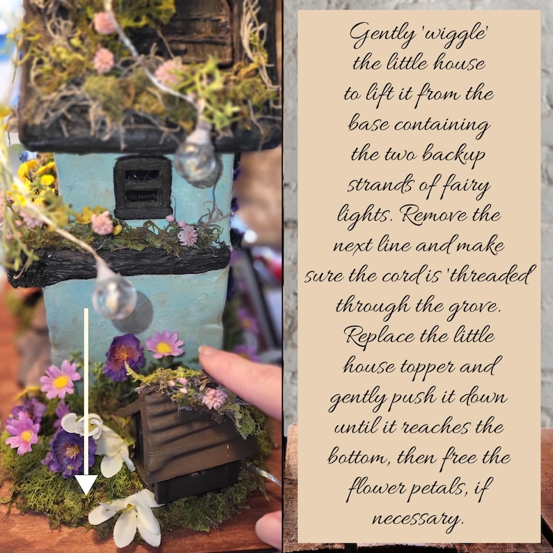 May include: A light blue miniature house decorated with moss, pink and purple flowers, and fairy lights. A white arrow points downward toward the base. Text instructions explain how to lift the house to access backup fairy light strands.