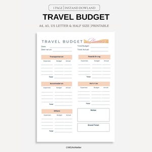 Planejador de orçamento de viagem para impressão, modelo de planilha de gastos de trabalho/férias, planejador financeiro, tamanho A4/A5/carta/meio, download instantâneo em PDF