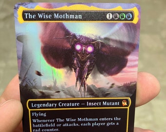 May include: A holographic trading card titled The Wise Mothman, featuring a dark, winged insect creature with glowing purple eyes. The card displays text including Legendary Creature, Insect Mutant, and game rules, with a 3/3 power and toughness rating at the bottom right corner.