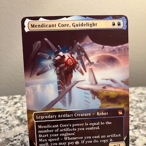 May include: A black and red fantasy trading card with a robot creature in the center. The card is titled "Mendicant Core, Guidelight" and has the text "Legendary Artifact Creature - Robot". The card has a power of * / 3.