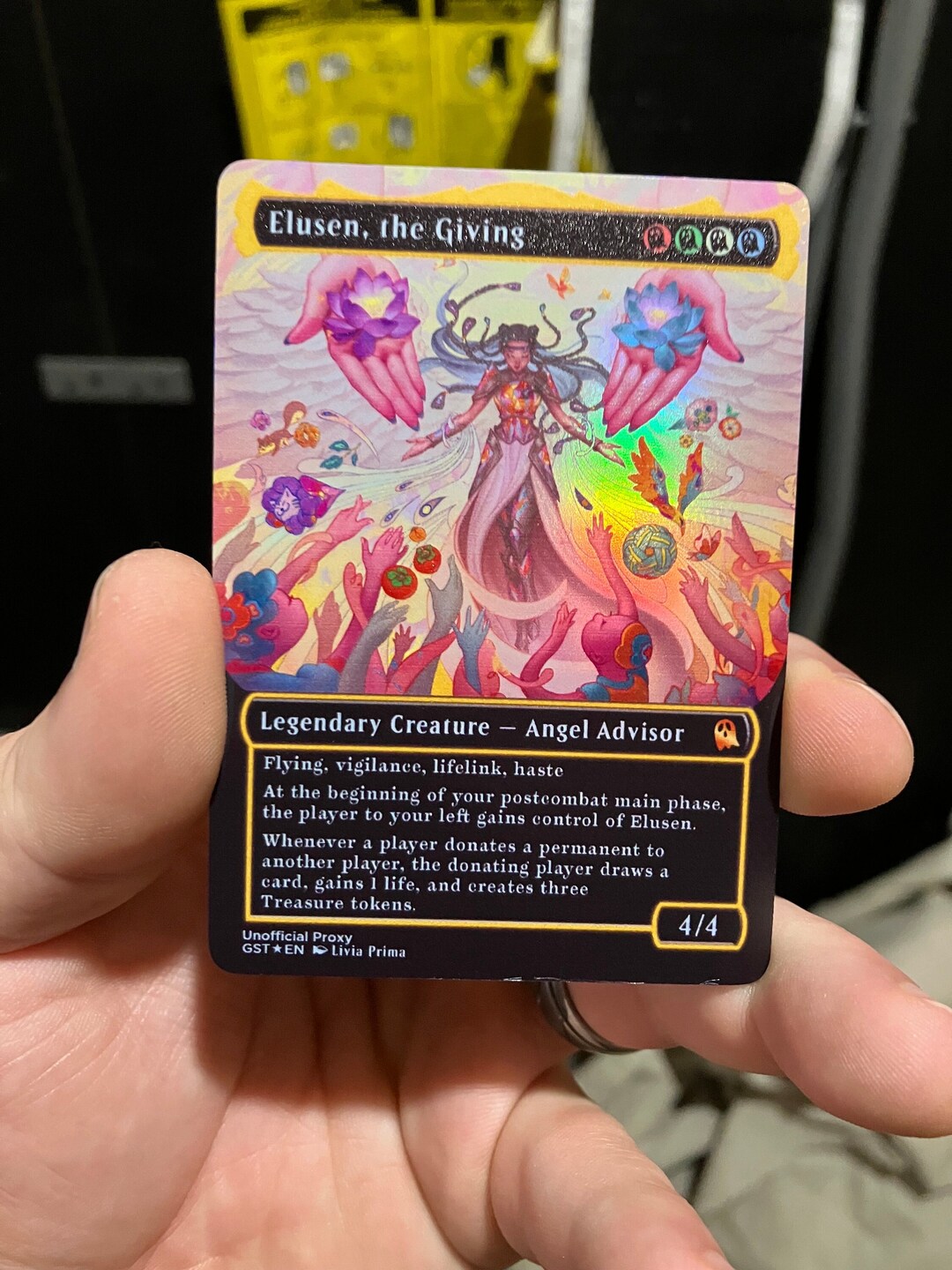 Elusen, the Giving Foil Borderless Neon Metal Proxy for Elusen, the Giving Foil Borderless Neon Metal Proxy for