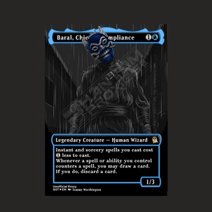 May include: A black and white illustration of a creature with a blue mask, a black hooded cloak, and a white belt. The creature is standing in a dark, rainy alley. The text "Baral, Chief of Compliance" and "1/3" are visible on the card.