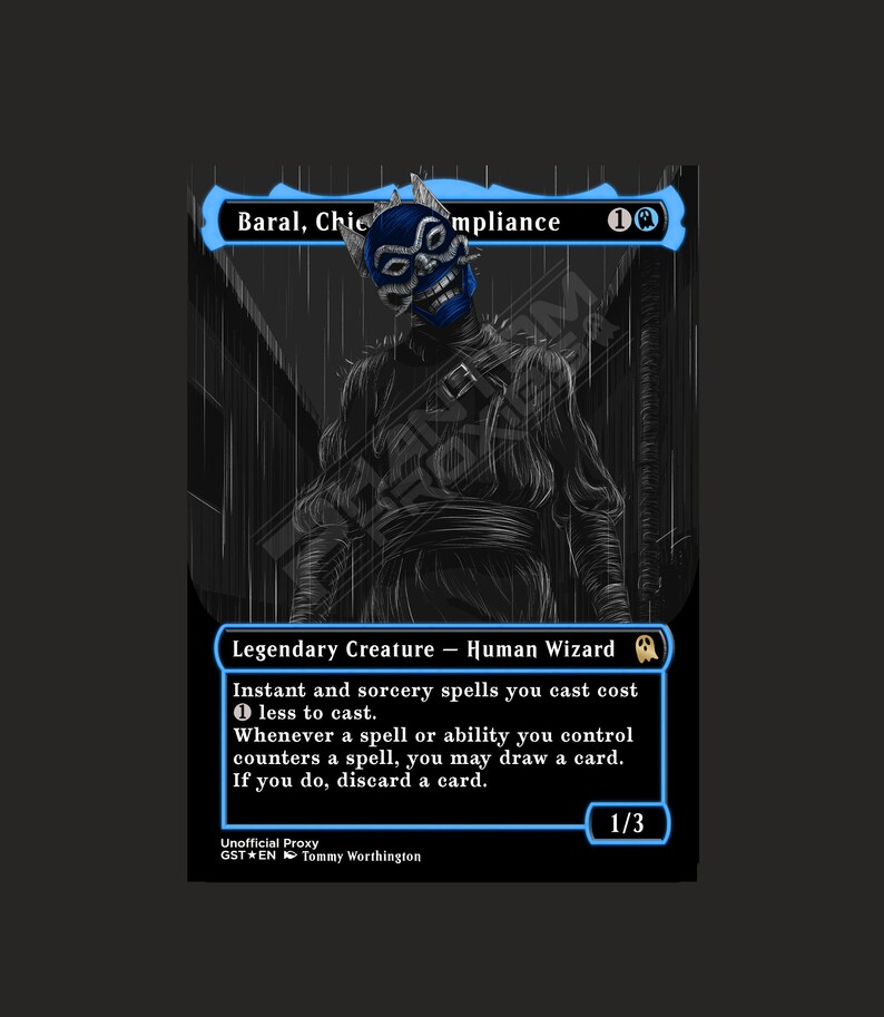 May include: A black and white illustration of a creature with a blue mask, a black hooded cloak, and a white belt. The creature is standing in a dark, rainy alley. The text "Baral, Chief of Compliance" and "1/3" are visible on the card.