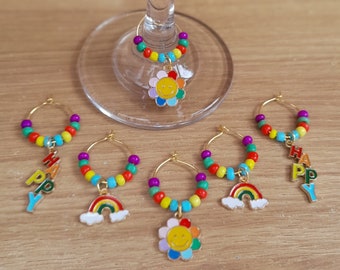Set of 6 Rainbow Drinks Charms Set, Drinks Tags for Party Favours, Wine Glass Charms, Rainbow Charms for Wine Glasses, Rainbow Party Favours