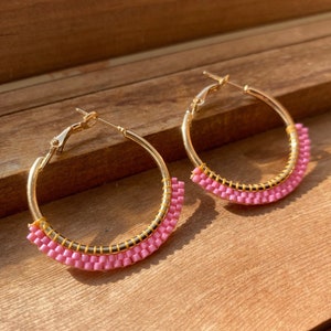 Small Beaded Pink Stainless Steel Gold Plated Hoop Earrings