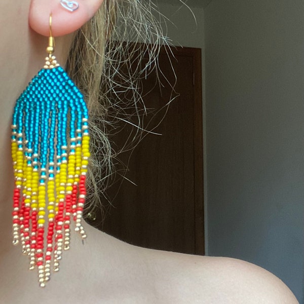 Ethnic Teal Yellow Red Gold Beaded Fringe Earrings