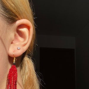 Long Shimmering Red Black Beaded Fringe Earrings