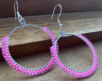 Pink Purple Beaded Hoop Earrings