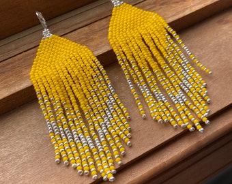 Yellow and Silver Beaded Short Broad Fringe Earrings
