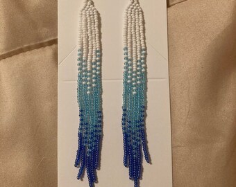 White Blue Ombre Beaded Fringe Earrings