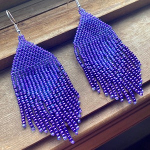 Purple Beaded Short Fringe Earrings