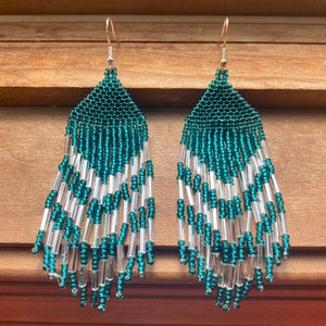 Teal Blue Chrome Silver Beaded Fringe Earrings