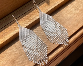 Transparent White Silver Beaded Fringe Earrings Short