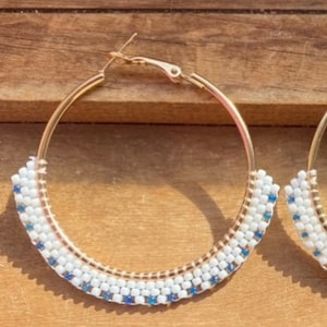 Large White Beaded Stainless Steel Gold Plated Hoop Earrings