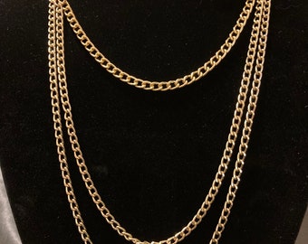 Triple Layered Gold Tone Cuban Link Chain Necklace 24”