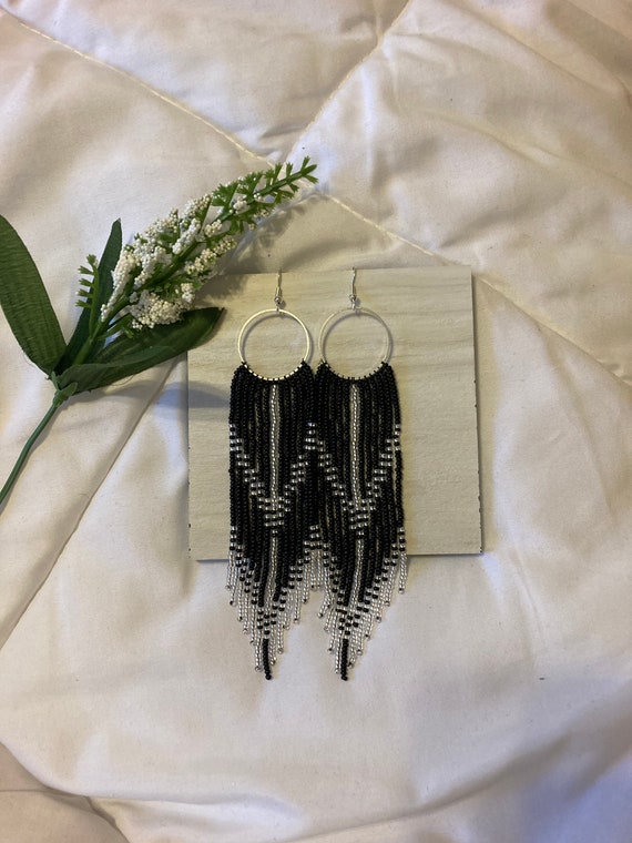 Long Black Clear Silver Beaded Hoop Fringe Earrings Etsy
