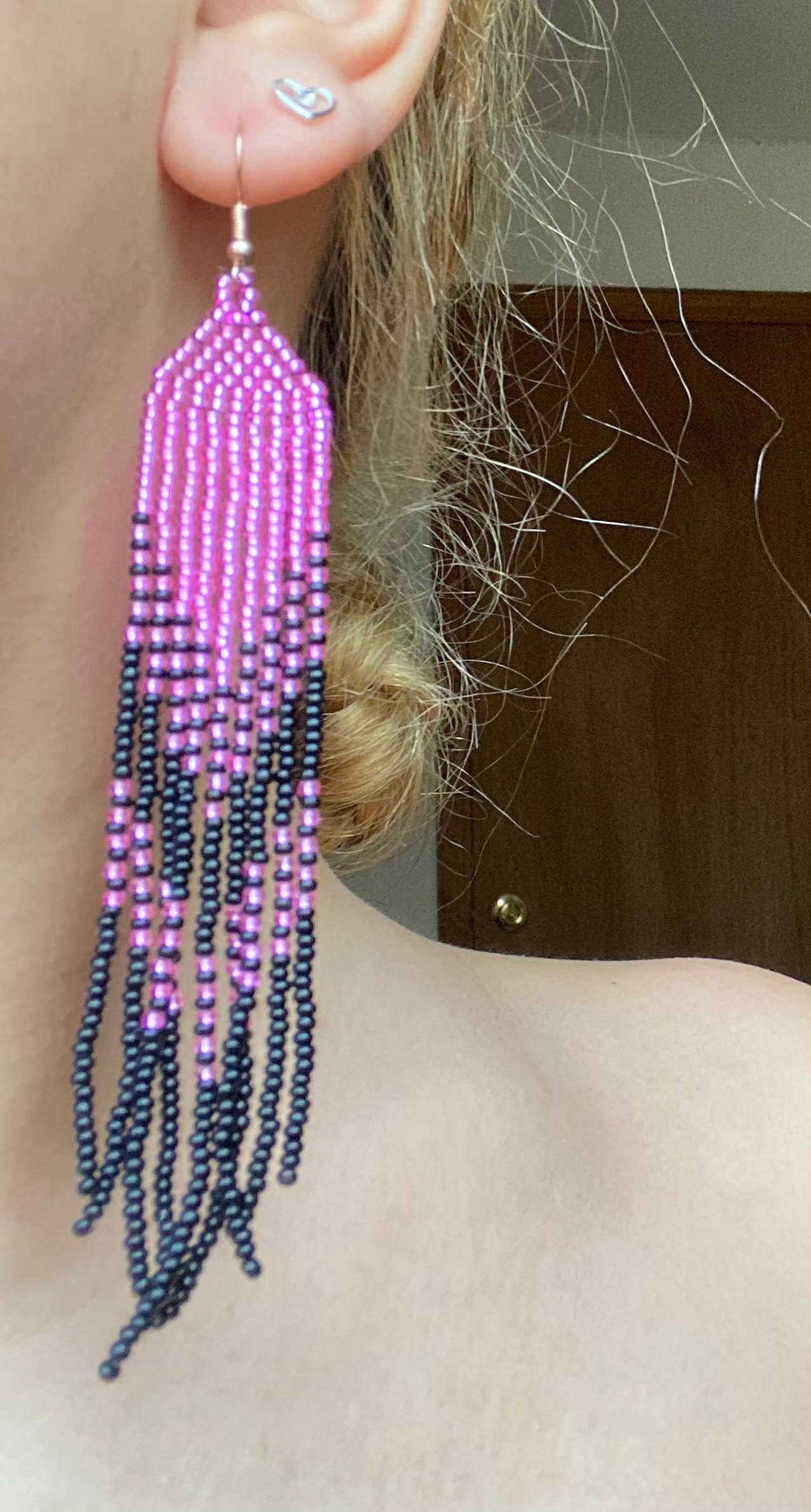 Long Black and Hot Pink Beaded Fringe Earrings - Etsy