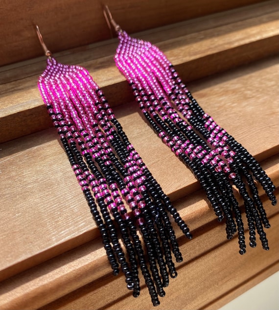 Long Black and Hot Pink Beaded Fringe Earrings Etsy