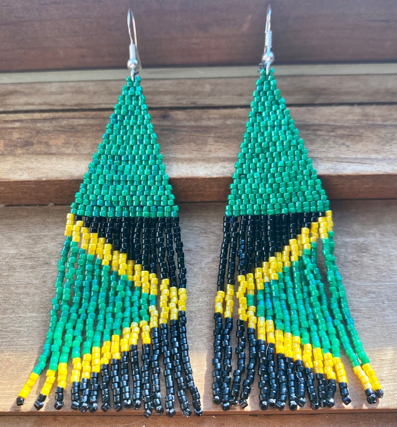 Beaded Jamaican Flag Fringe Earrings Etsy