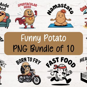 Könnte beinhalten: Eine Sammlung von zehn lustigen PNG-Grafiken zum Thema Kartoffeln. Die Bilder zeigen Cartoon-Kartoffeln in verschiedenen Szenarien, darunter ein Superheld, ein Koch, ein Biker und eine Kartoffel, die meditiert. Der Text "Funny Potato PNG Bundle of 10" ist ebenfalls enthalten.