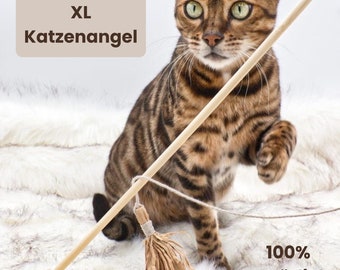 Katzenangel Set Raschelhüpfer, Katzenspielzeug, 1 Meter langer und robuster Bambusstab, Holzverschluss ohne Plastik und Metall