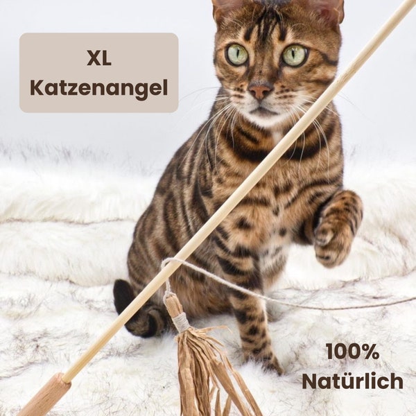 Katzenangel Set Raschelhüpfer, Katzenspielzeug, 1 Meter langer und robuster Bambusstab, Holzverschluss ohne Plastik und Metall