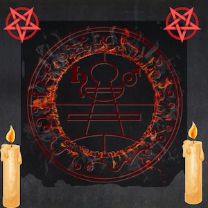 May include: A dark graphic design featuring a central red circular sigil surrounded by a ring of fire. Two red pentagrams are positioned in the upper corners, and two beige lit candles with melting wax are placed in the lower corners.