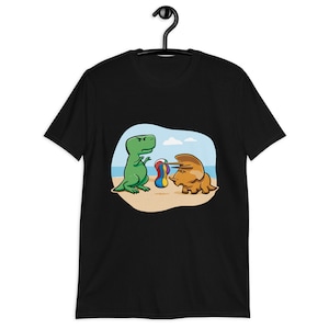 Dino Catch Short-Sleeve Unisex T Shirt; cute dinos; cute dinosaurs playing; dinosaur gift tee shirt