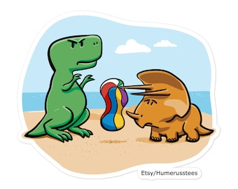 Dino Catch; Bubble-free stickers; dinosaurs play catch at beach; cute dino sticker; cute dinosaur sticker; dinosaur sticker for laptop