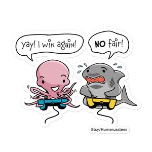 No Fair! sticker | Bubble-free stickers (3 sizes) | Cute little octopus and shark playing video games