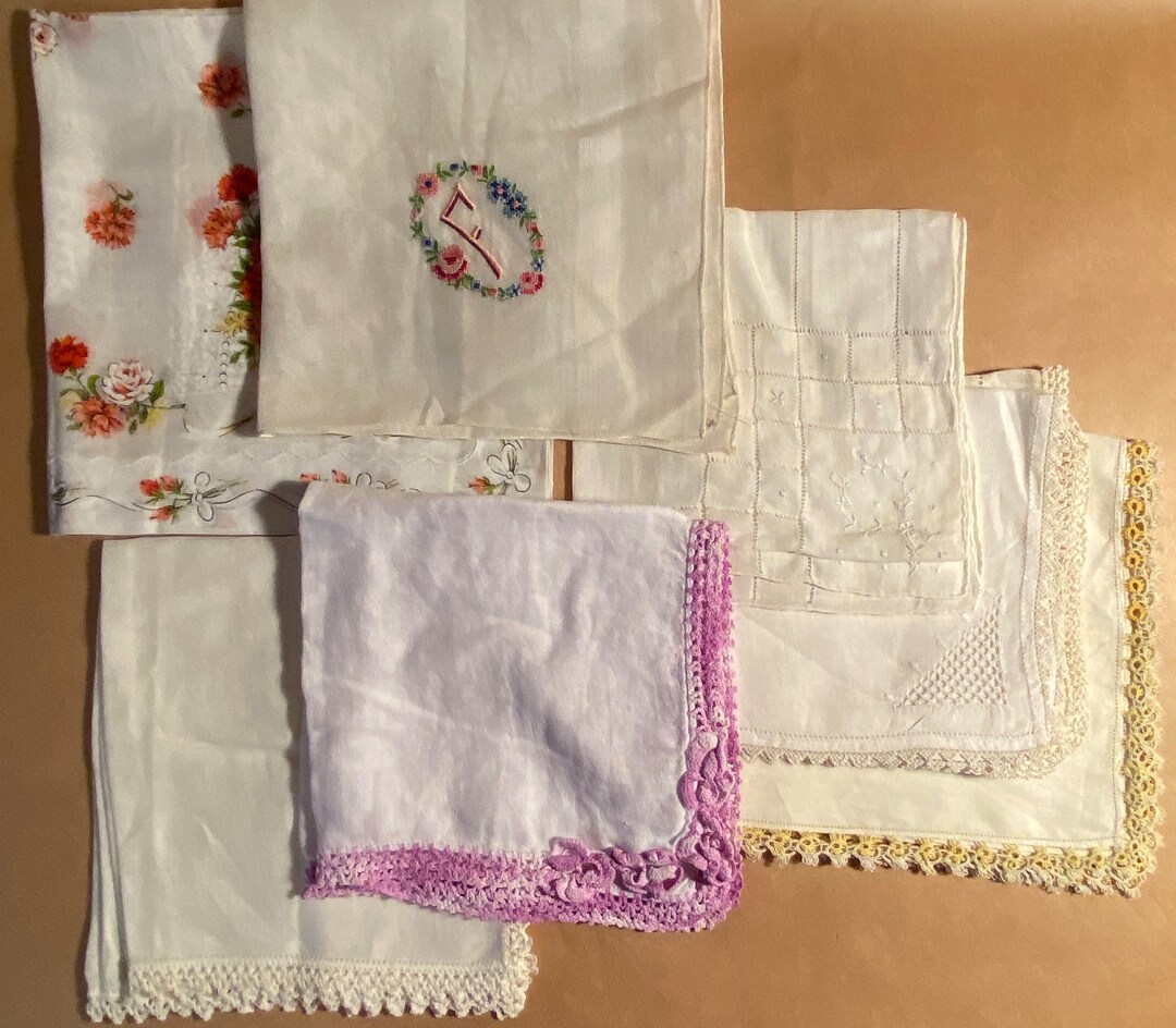 Eight Hankies With Hand Crochet Edging Embroidery Pulled Etsy