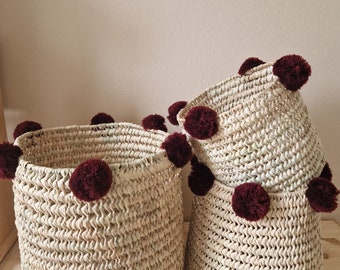 Lot de 3 paniers de rangement à pompons marron modèle Erfoud