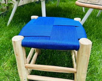 Tabouret en fil bleu majorelle et bois naturel 30x30 modèle Agadir