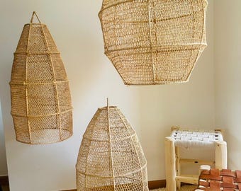Trio of SUSPENSIONS / LIGHTING in RAFFIA ball shape / oval M / oval S