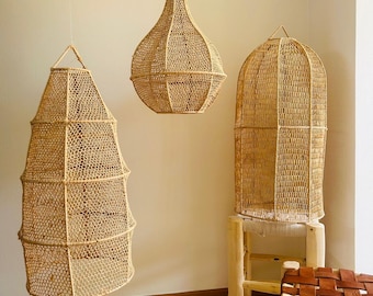 Trio of PENDANTS / LIGHTING LIGHTS in RAFFIA pear / tube / oval shape