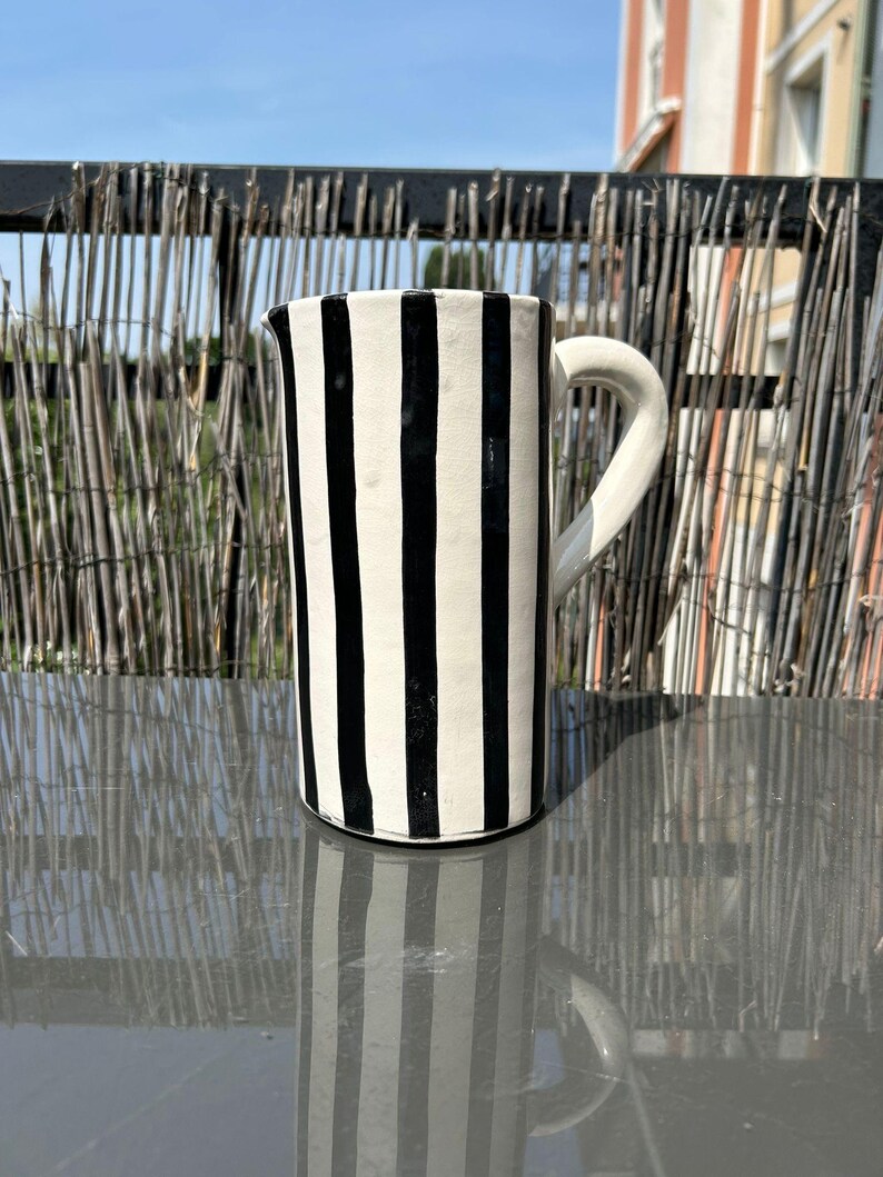 White ceramic carafe pitcher with black stripes Zagora model image 2