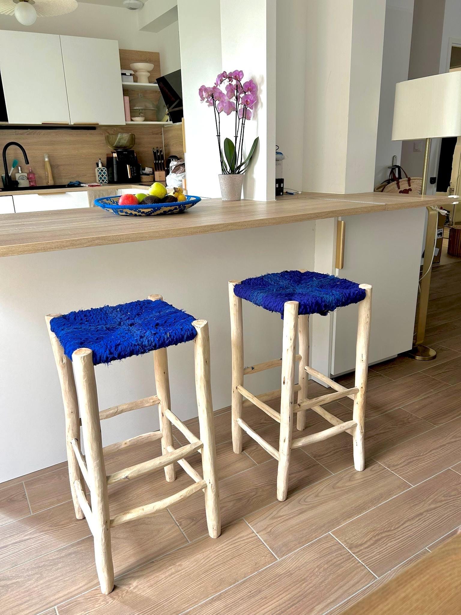 Blue wire and natural wood bar stool 70x35 Agadir model