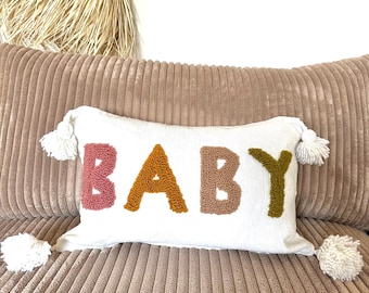 Housse de coussin en coton blanc à pompons 60x40 bi matière "Baby" pastel
