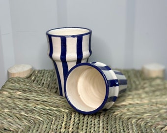 Set of 2 Beldi blue striped ceramic glass cups, Zagora model