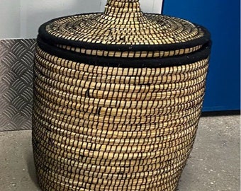 Berber storage basket in palm tree and black wool 40cm Essaouira model