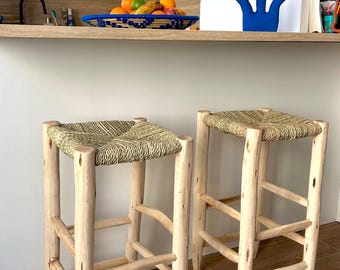 Tabouret de bar en Doum et bois naturel 70x35 modèle Agadir