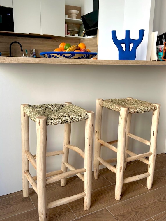 Tabouret de bar marocain en Doum et bois naturel 70x35