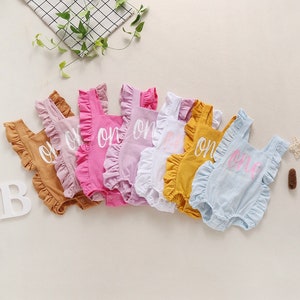 Baby Girl First Birthday Outfit, Boho First Birthday Romper, Blush Pink White Blue Yellow Purple Outfit, First Birthday, Cake Smash Outfit