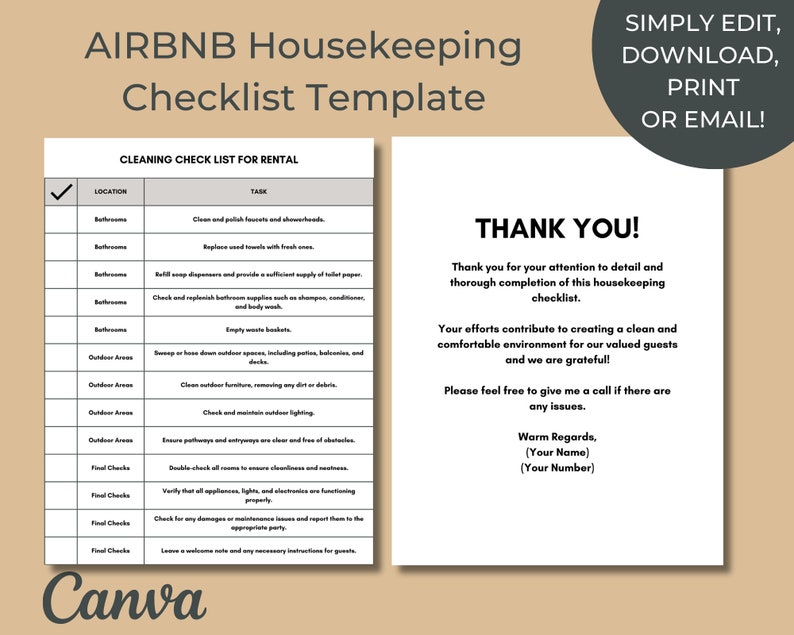 Housekeeping Checklist Template, Airbnb Guest Turnover Template