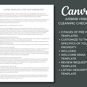 Puede incluir: Una plantilla de Canva para listas de verificación de limpieza de Airbnb y VRBO. La plantilla incluye tres páginas de plantillas preescritas, personalizables según las especificaciones de tu propiedad. La plantilla incluye un correo electrónico de bienvenida, una solicitud de revisión y una plantilla de descripción de la lista.