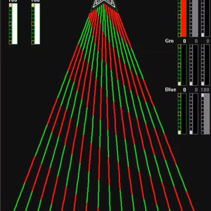 May include: A digital illustration of a Christmas tree with red and green lights. The tree is decorated with a white star on top. The image includes a color palette with sliders for red, green, and blue.