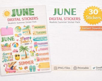 June Digital Stickers | Summer Beach Tropical PNG (Digital Download)