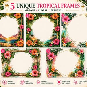 Op de afbeelding: Vijf unieke tropische frames met levendige bloemmotieven. Elk frame heeft een andere vorm en is versierd met hibiscusbloemen, tropische bladeren en andere kleurrijke bloemen. De frames zijn perfect voor elk project.