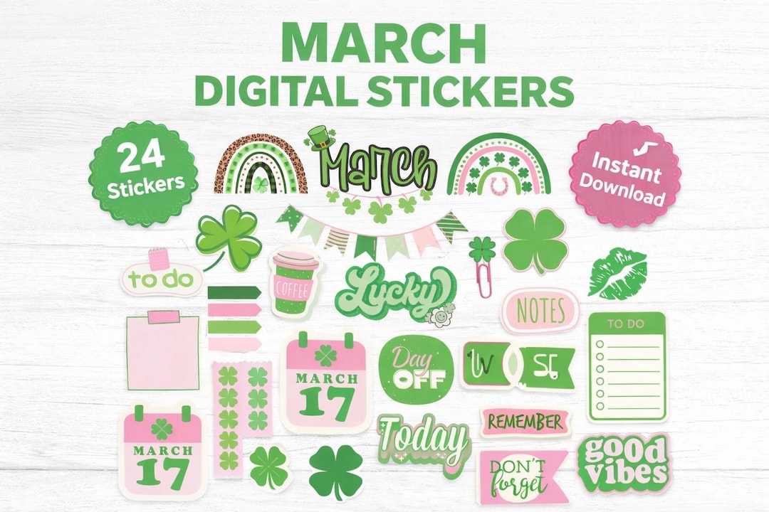 March Digital Stickers | St. Patrick's Day Planner Elements (digital ...