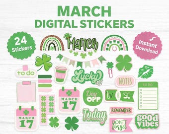 March Digital Stickers | St. Patrick's Day Planner Elements (Digital Download)